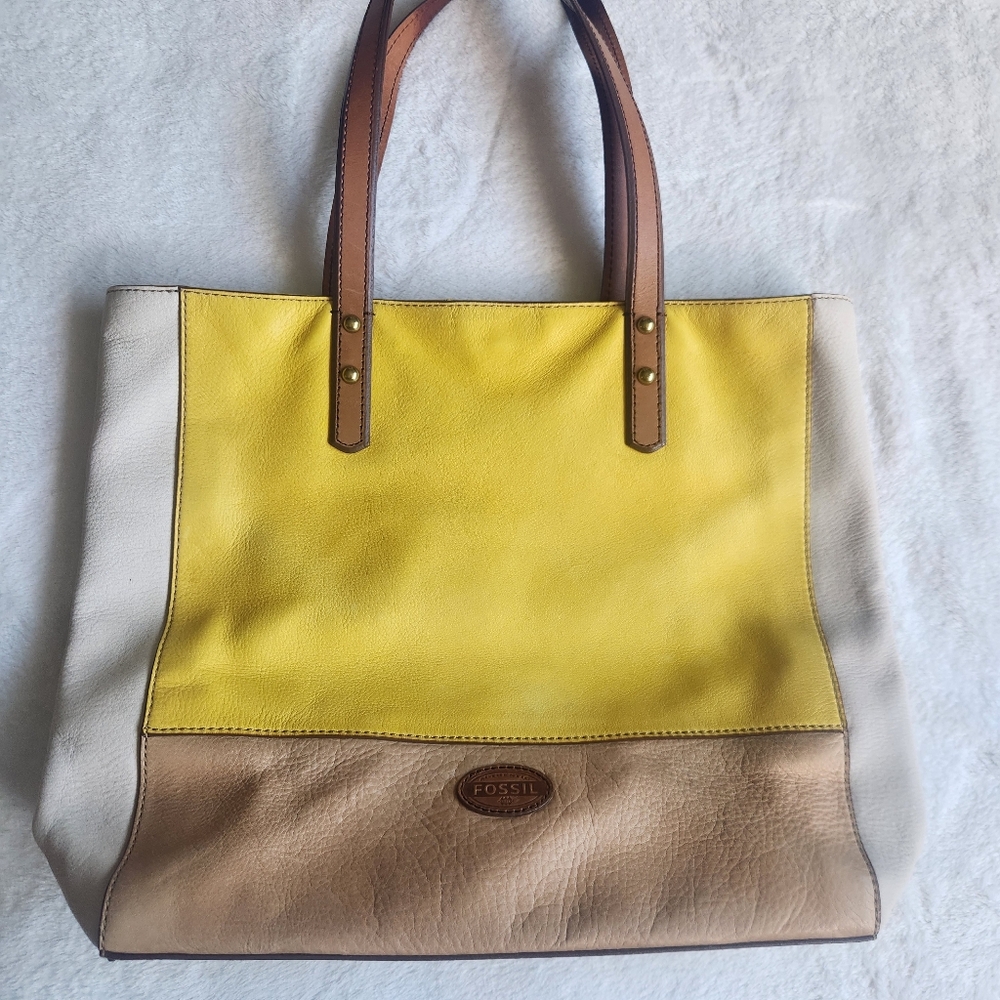 Fossil Zoey Yellow White Pebbled Leather Tote Shoulder Handbag Purse‎